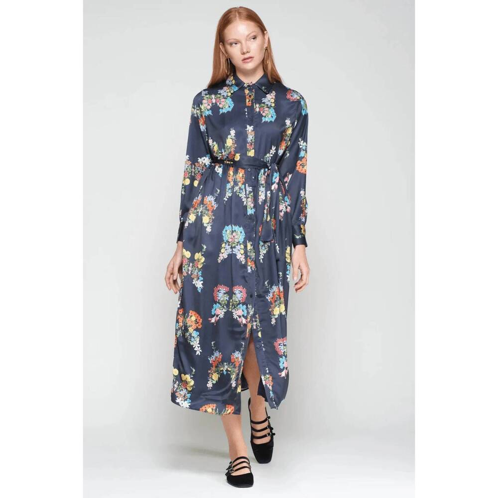 NEW VILAGALLO amira mariposa midi dress in navy blue